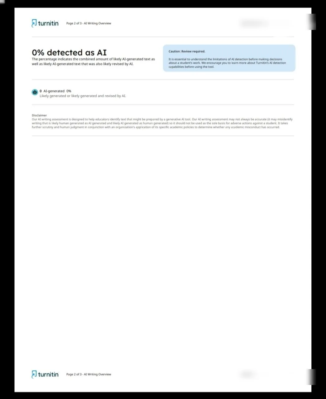 Turnitin AI writing report showing 0% detected as AI after humanizing