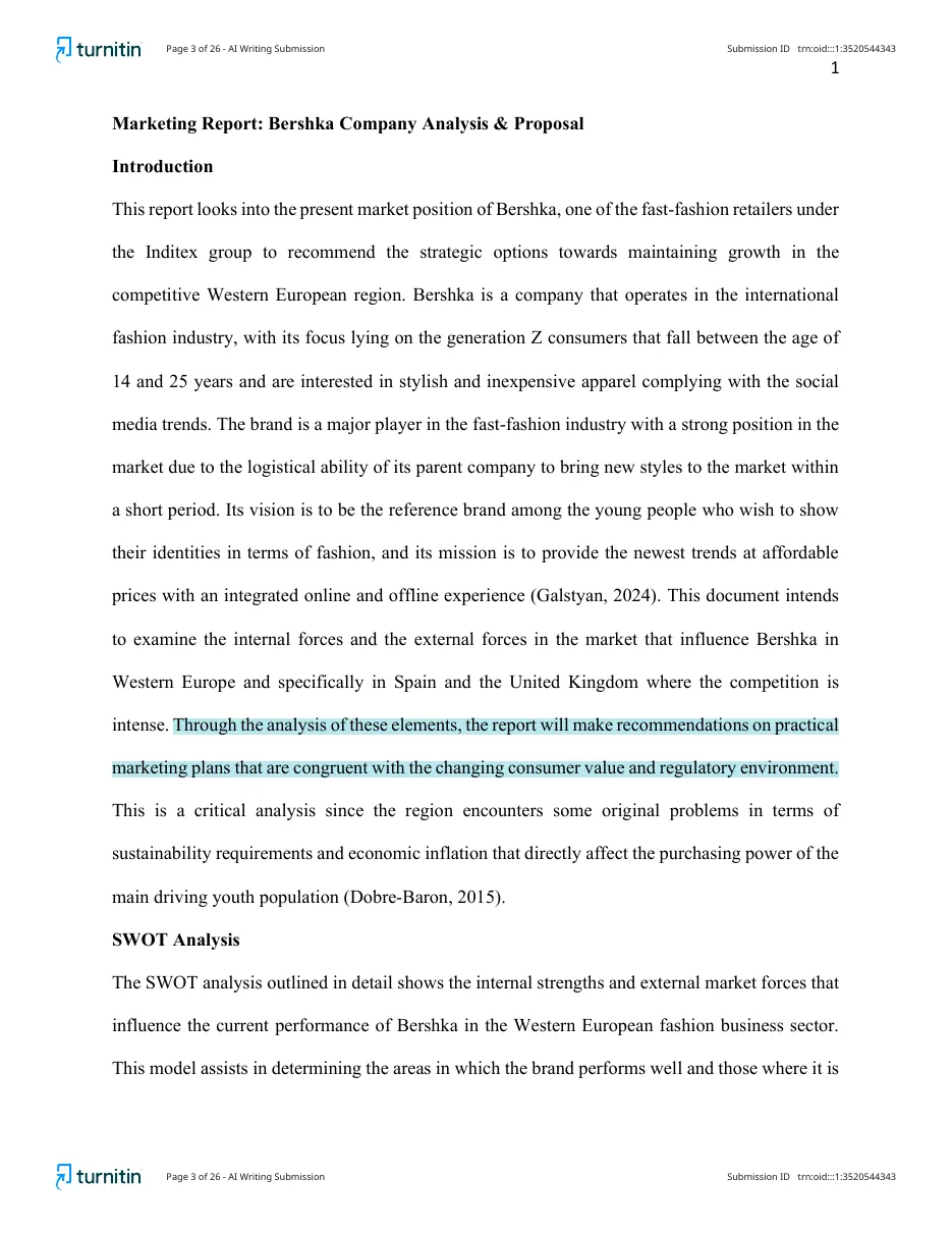 Turnitin AI report page with highlighted likely AI sentences